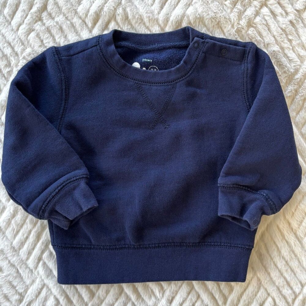 Primary 12-18M Cozy Crewneck Sweatshirt Navy Blue Snap Shoulder Pullover